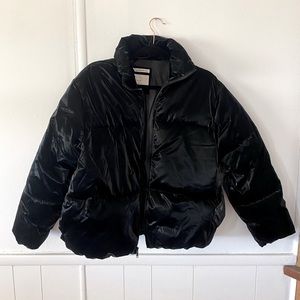 Black shiny puffer jacket, a new day brand, size small, water resistant